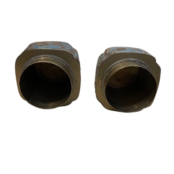 Pair of Vintage Brass Chinese Urn Snuff Brass & Enamel Lidded Trinket Tea Jar - Picture 9 of 11